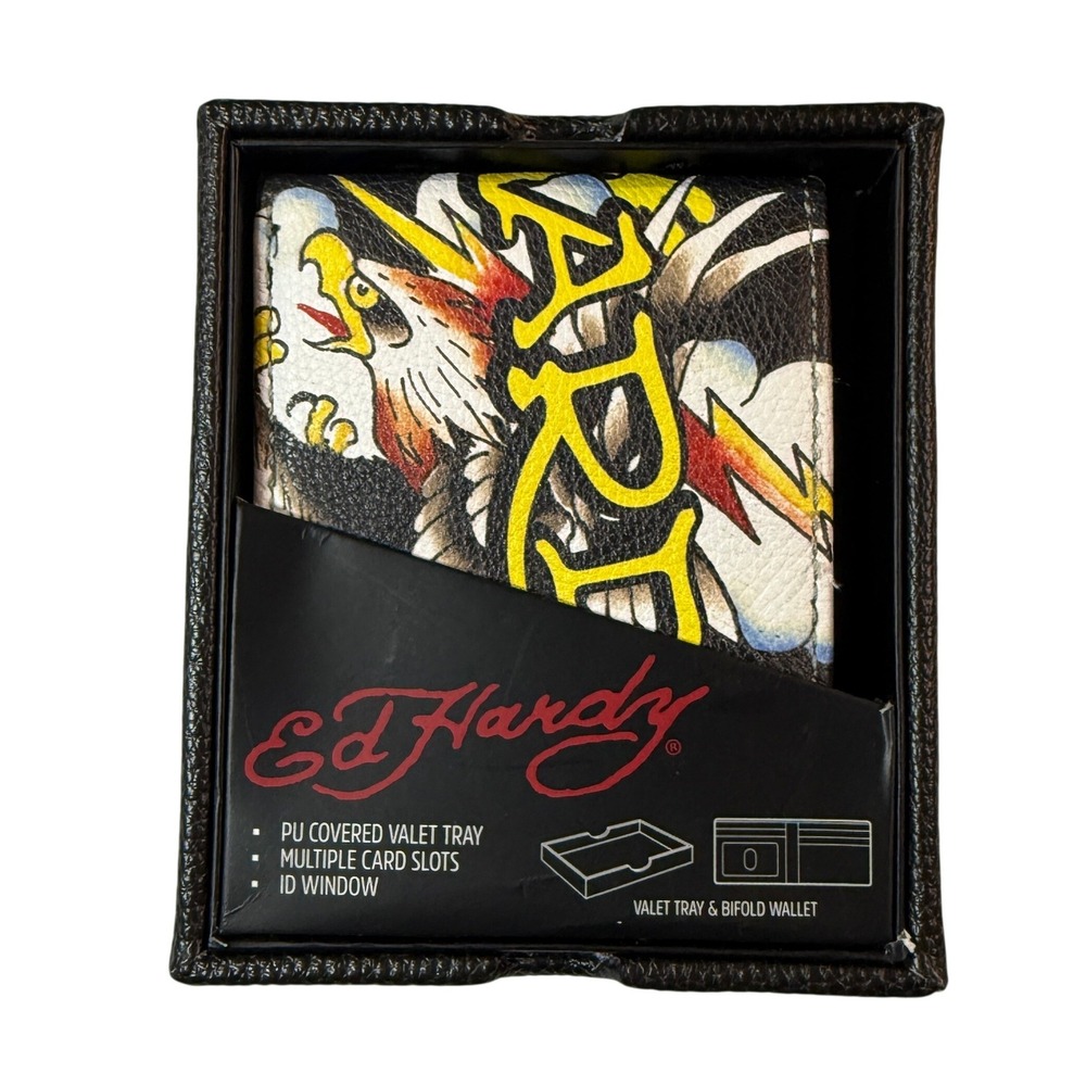 Ed‎ Hardy Black Bifold Wallet Valet Tray Tattoo Eagle Skull Y2K Set NWT